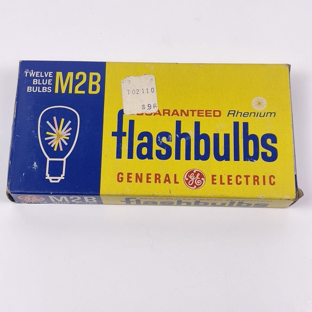Vintage GE M2B Blue Flashbulbs Original 12-Pack Box w/ 10 PowerMite Flash Bulbs